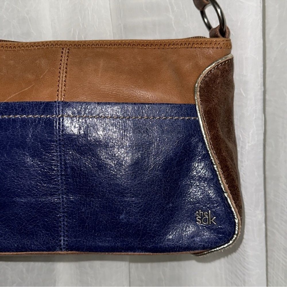 The Sak Blue Brown Gold Trim Genuine Leather Hobo Purse - Picture 6 of 16
